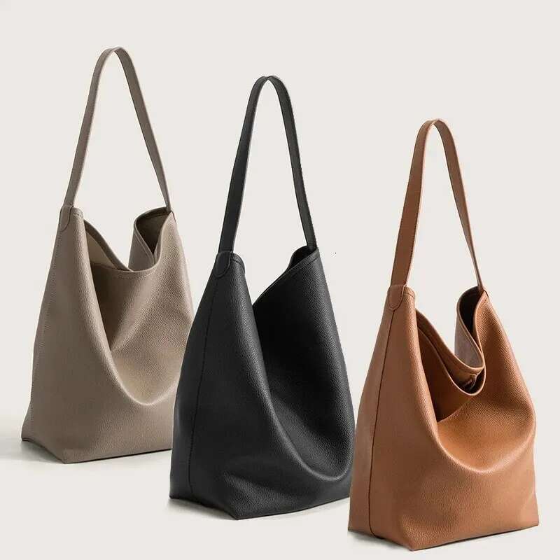 Simple Tote For Women Men Soft Leather Large Capacity Travel Shoulder Purse With Canvas Storage Bag