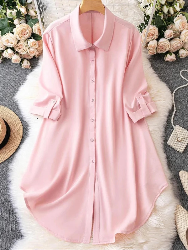 Plus Size 1XL5XL Fashion Womens Solid Color RollUp Sleeves TurnDown Collar Blouse Ladies ButtonUp Casual Chic Top Shirt 250515