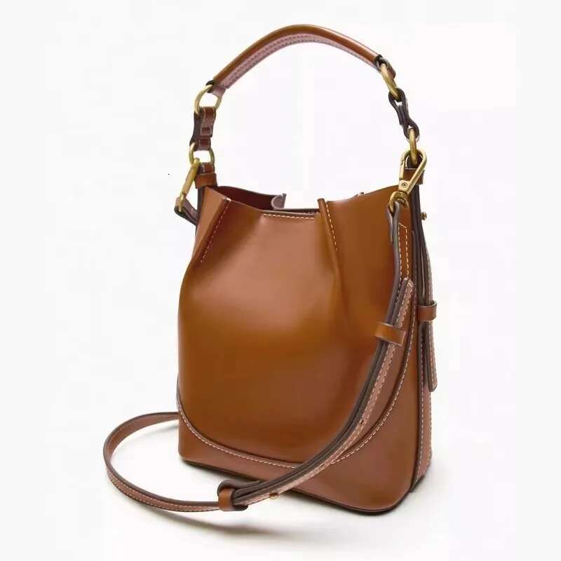 2024 Fashion New Women's Brown Korean Style Portable Crossbody Wide Drawstring Bucket Bag