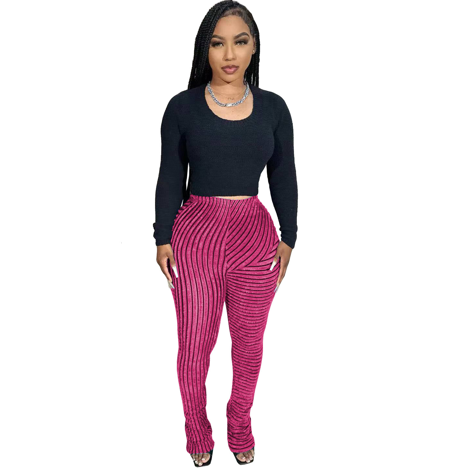 HR23101 Womens Fur Texture Breathable Large Elastic Fashion Casual Versatile Slim Fit Stacked Pants