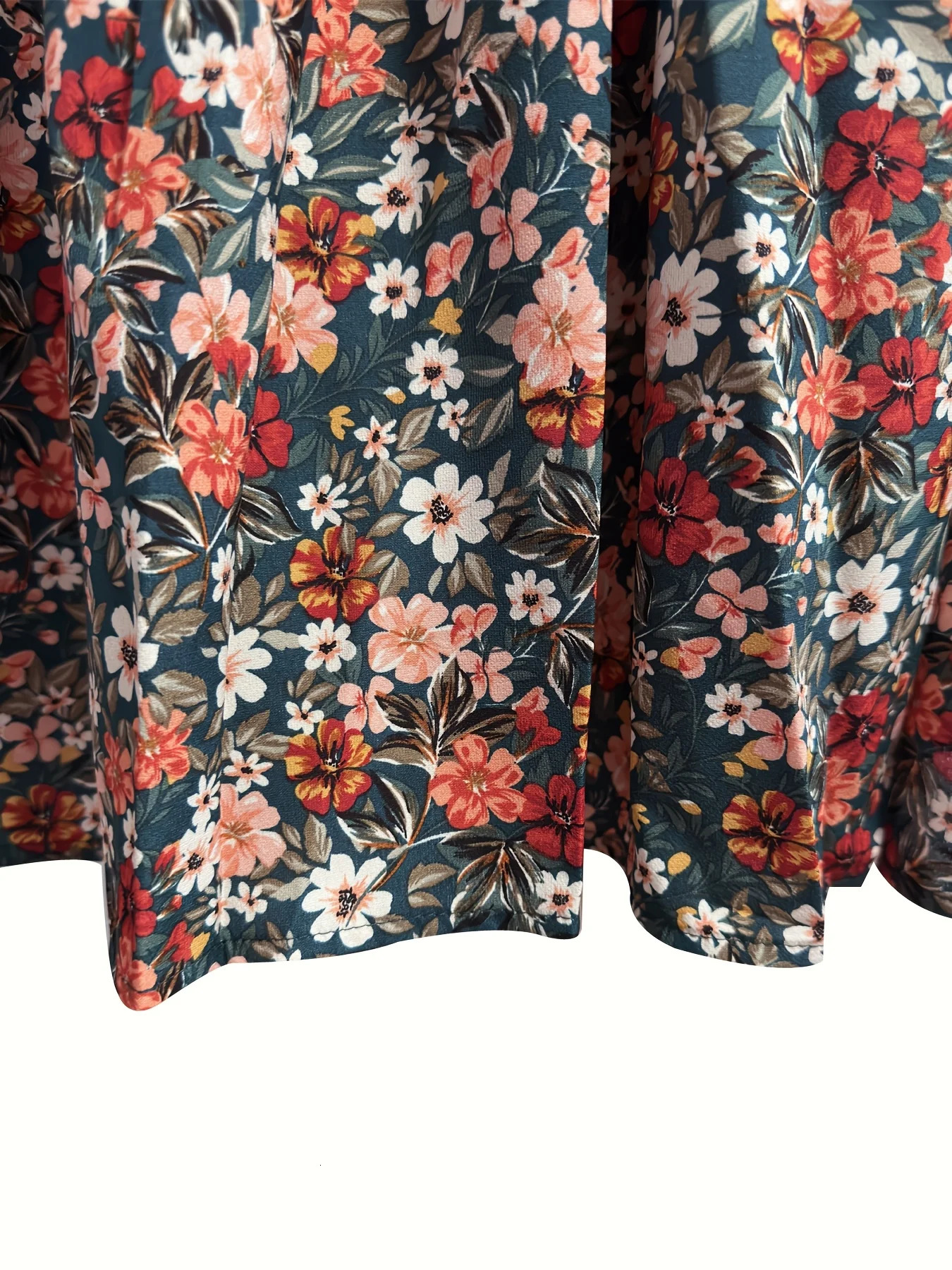 Plus Size Womens Pleated Floral Round Neck Casual Midi Dress with Fringe Detail Polyester 3/4 Sleeves Ruffle Hem Dress 250509