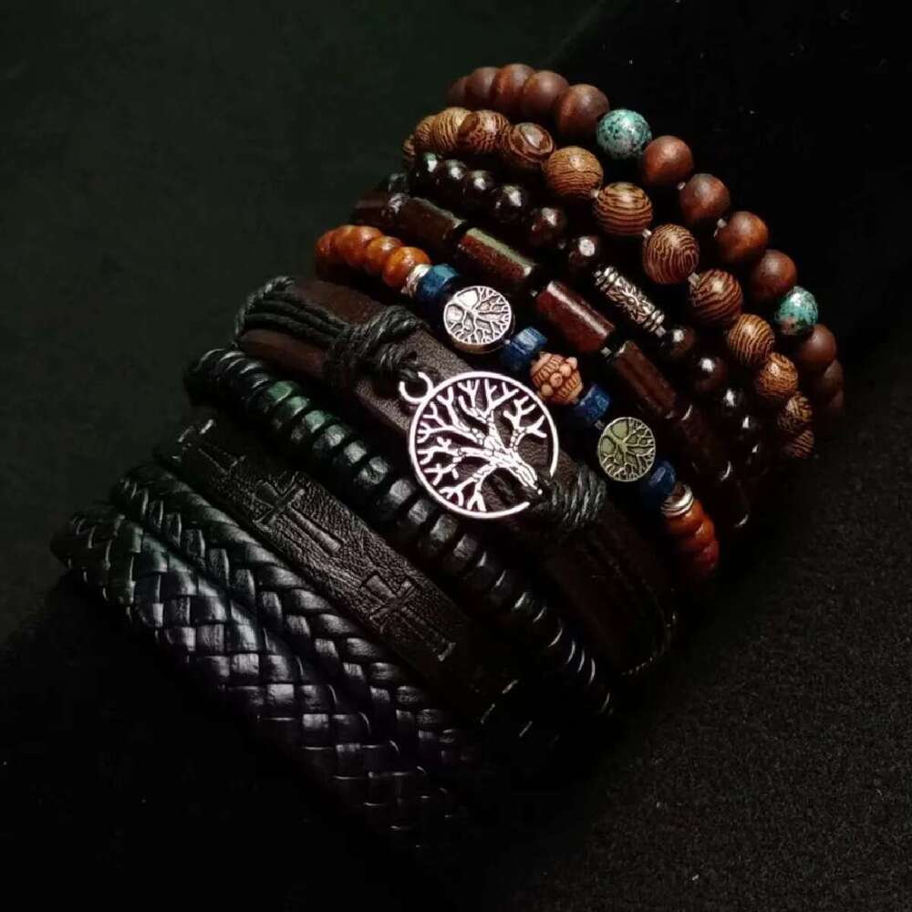 Khaki Tree 10 Pcs/Set Black Wrap Woven Fashion Handmade Male Women Leather Bracelets Men Bangle Wholesale Jewelry