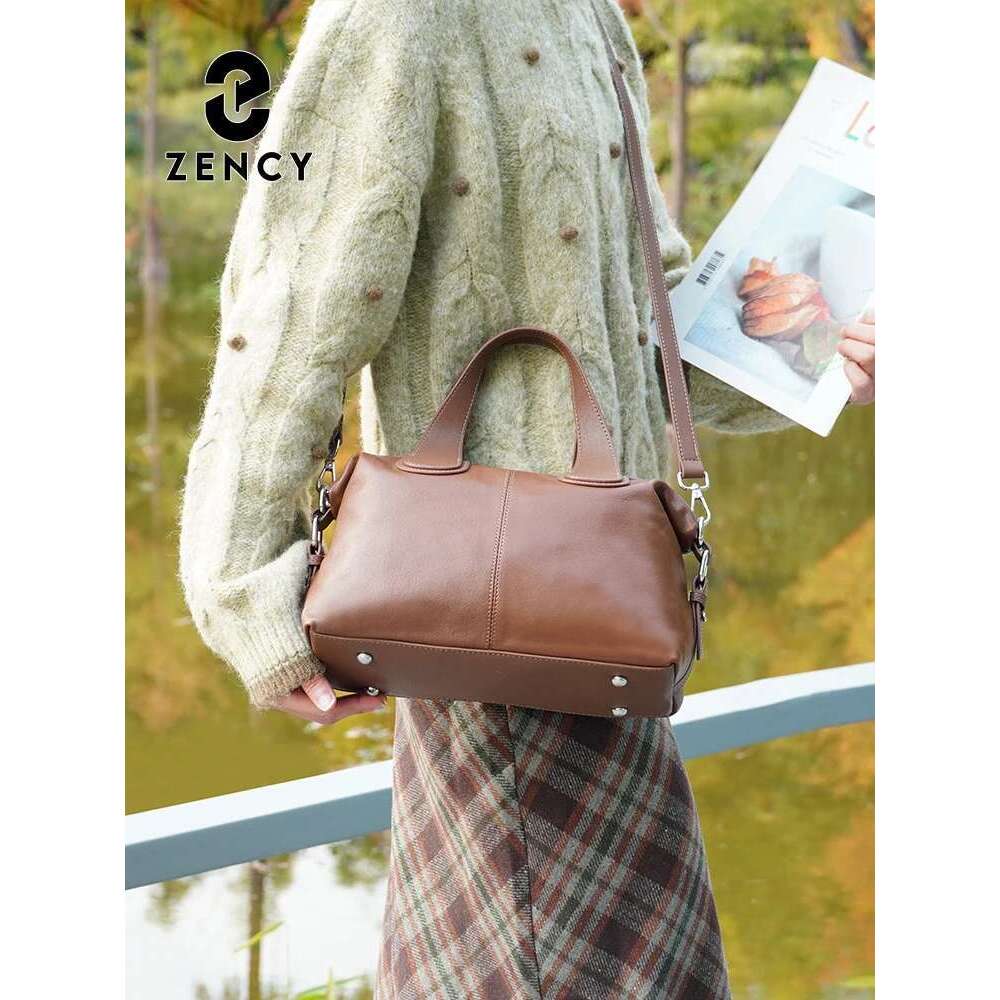 Zency Simple Solid Color Real Cowhide Shoulder Crossbody Bags Genuine Leather Women Handbag Casual Tote Vintage Coffee Bag 2025