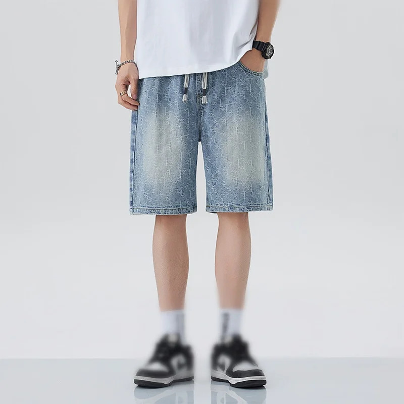 Korean Style Vintage Mens Jeans Summer Loose Male Wide Leg Knee Length Shorts Washed Fashion Short Denim Pants 250515
