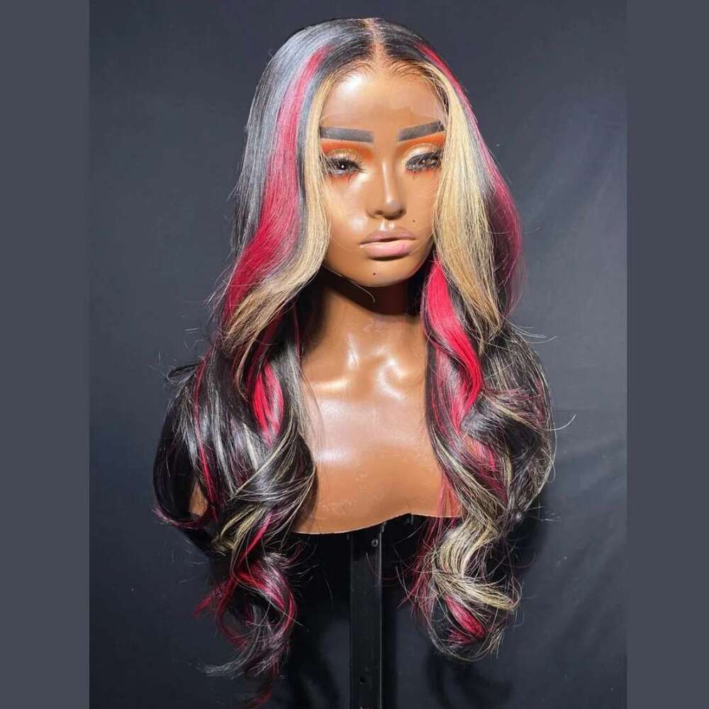 13X6 Black with Red Blonde Highlight Synthetic 13x4 Front Wigs Pre Plucked With Hairline Women's Lace Frontal Wig