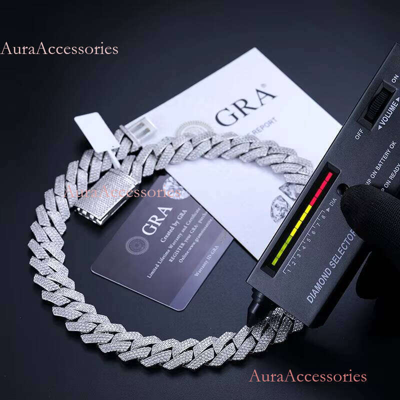 18mm 3 Rows VVS Moissanite Iced Out Link Sterling Sier Lab Dia Hip Hop Jewelry Men Cuban Necklace Chain
