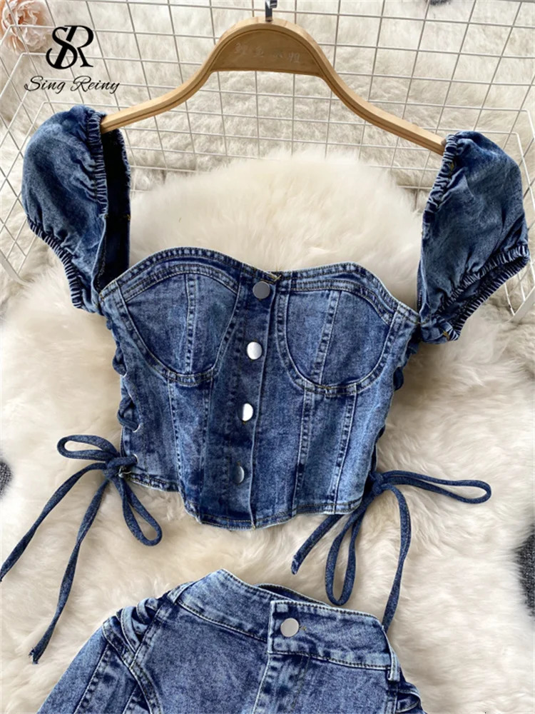 SINGREINY Vintage Denim Sets Women Off Shoulder Straps Mini TopPleated Short Skirt Fashion Summer Sexy Two Pieces Suits 250515