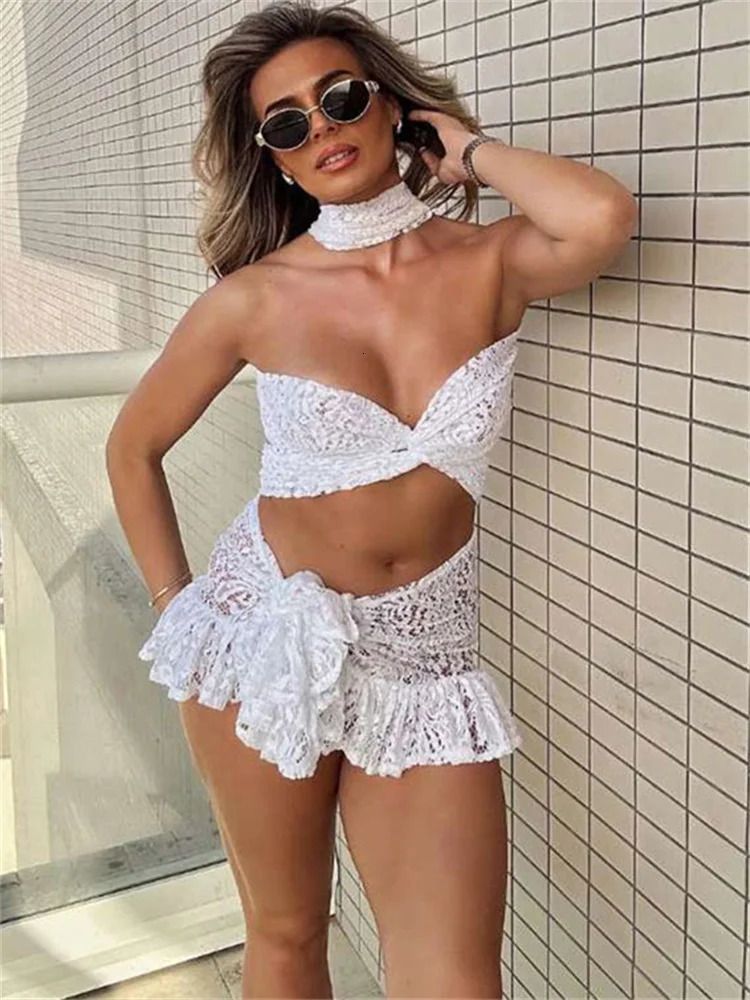 Tossy Summer Lace 2 PieceSet Skirt For Women Hollow Out Tube Tops And High Waist Sexy SeeThrough Sets Female Outfits 250515