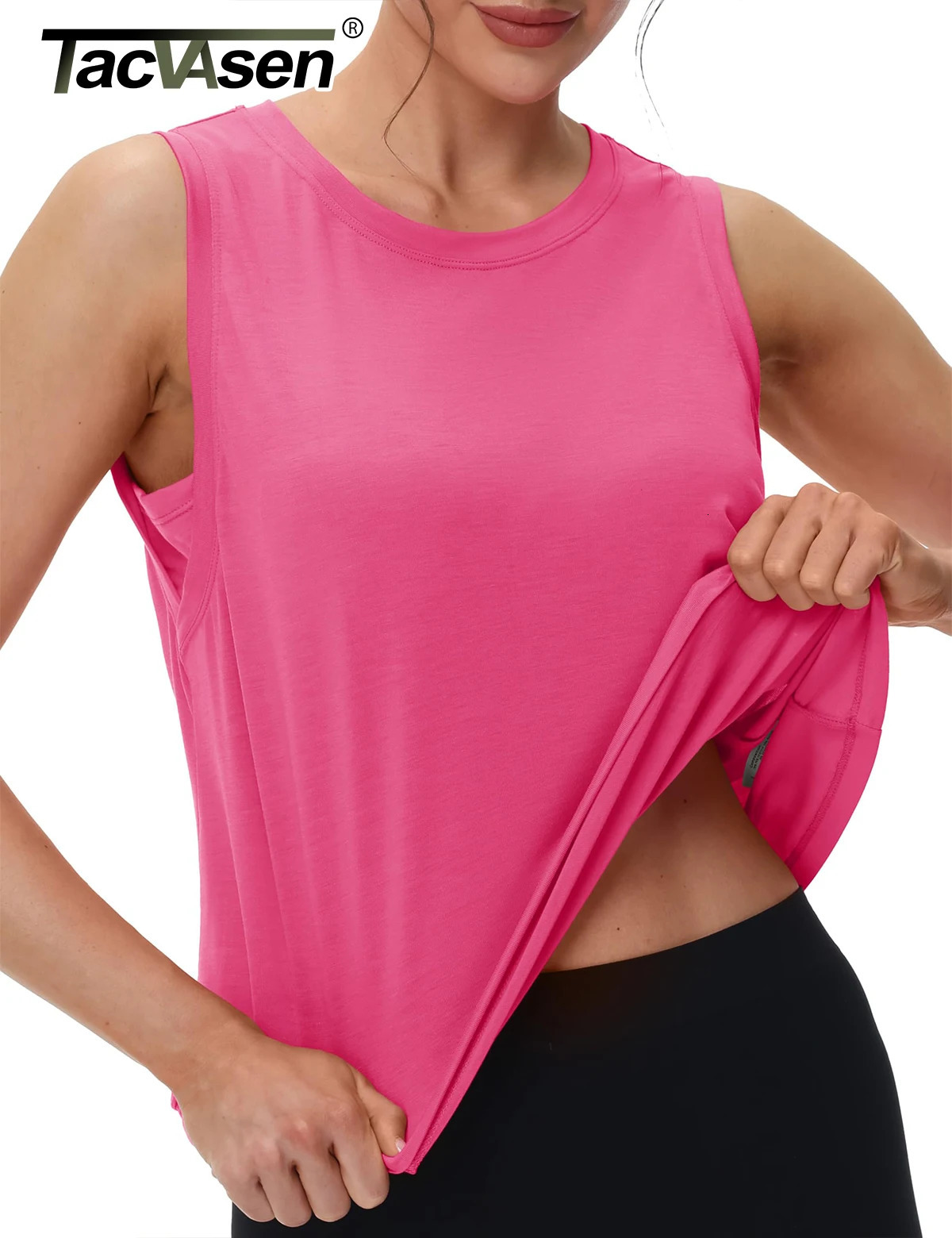 TACVASEN Womens Workout Tank Tops Crop Crew Neck Sleeveless Vest Athletic Moisture Wicking Loose Fit Summer Shirt Breathable 250515