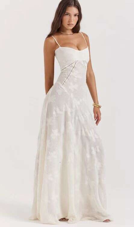 White Dress Maxi Dress Feng 2024 Summer New Women's Fashion Bra One Line Neck Elegant Evening Dress KQ