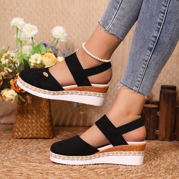 Designer Bag Temu Plus Size 2025 Empty Sandals With Wedge Heel, Lightweight Hemp Rope Braided Toe, Elastic Band, Shoes, Thick Soled Women's Shoes