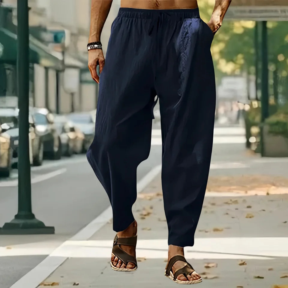 Men Cotton Linen Pants Summer and Autumn Solid High Waist WideLeg Trousers Male Loose Hemp Casual Breathable Sports 250515
