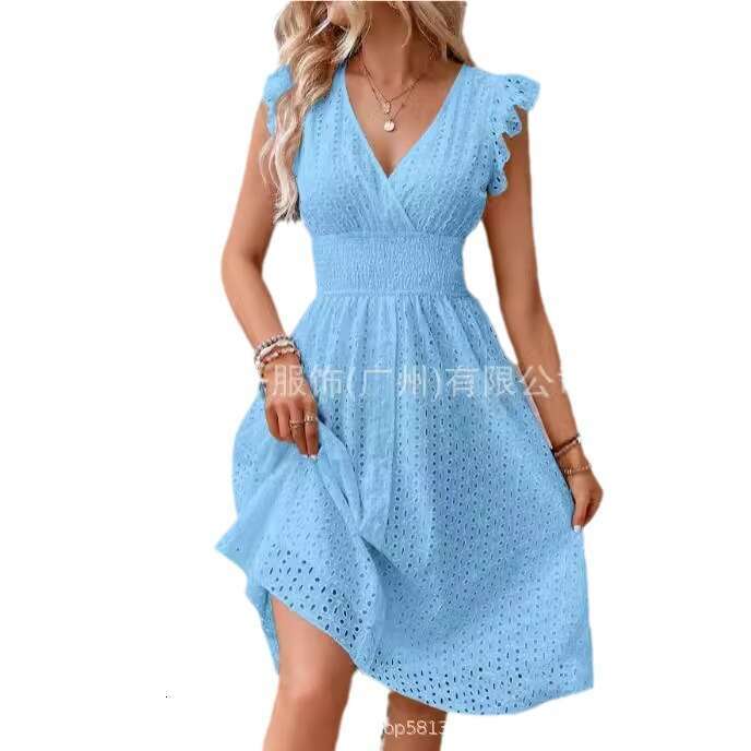 2024 New Mid length Lace Jacquard Hollowed out Slim V-neck Large Women's Dress