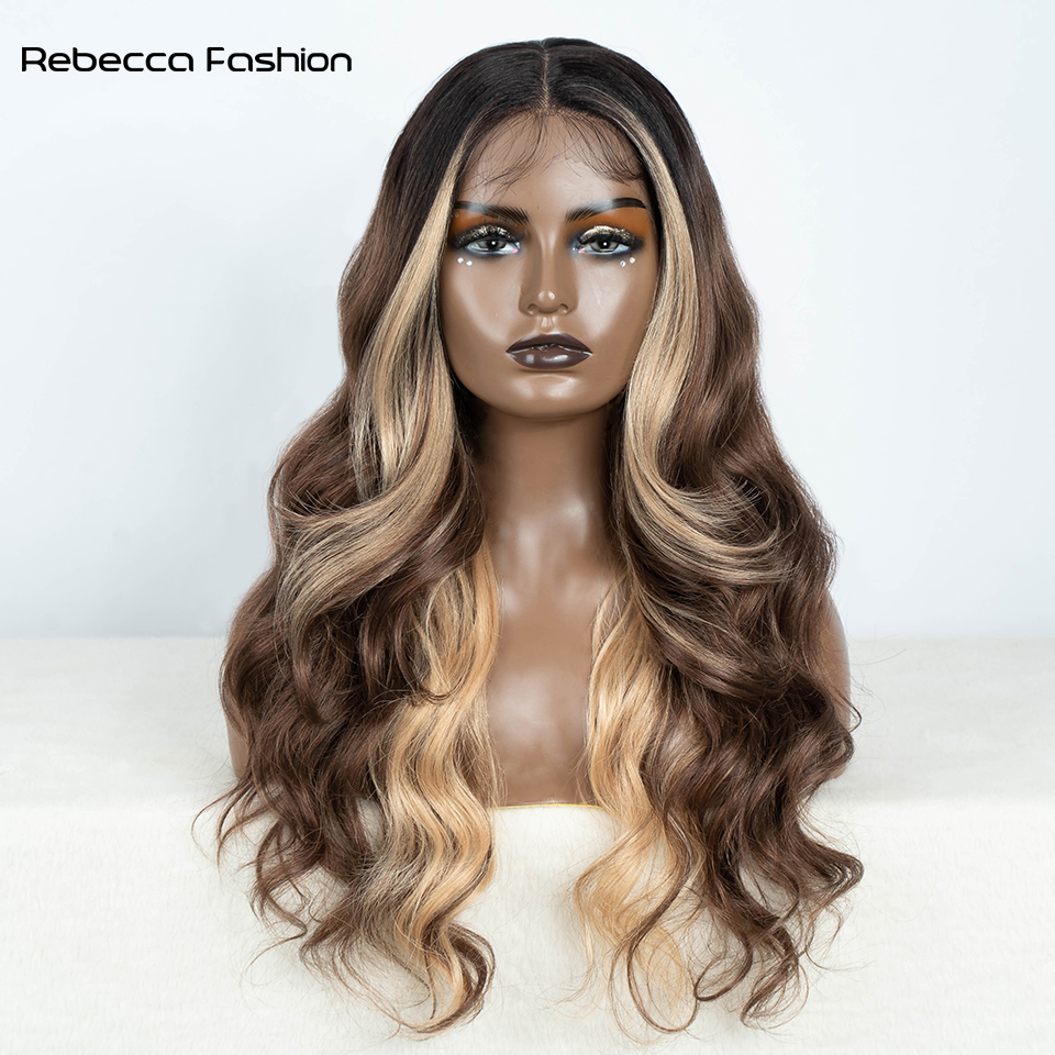 Rebecca Fashion Lace Front Wigs For Women 28'' Highlight Honey Brown Body Wave Ombre Blonde Lace Synthetic Cosplay Wig