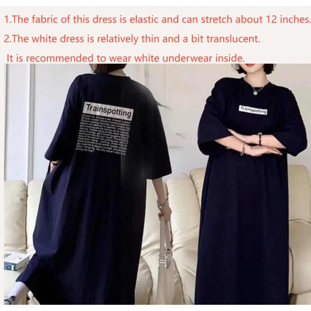 Plus Size Long T-Shirt Dress For Women Korean Chic Loose Pullover Casual Vintage Streetwear O-Neck Short Sleeve Straight Dress 250509
