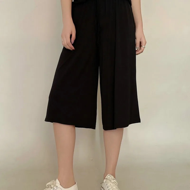Plus size L to 6XL U-Neck Womens Modal pant calf-length summer wide leg pants drawstring short pants casual homewear pants 250515