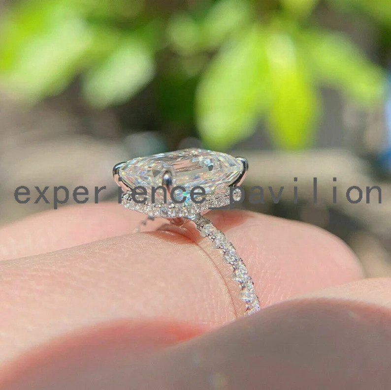 18K White Gold 3.00ct Emerald Cut Colorless GRA Moissanite Engagement Ring Handmade Pave Set Hidden Halo Wedding Ring