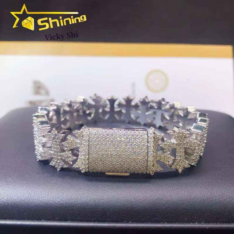 Rapper Fine Jewelry S925 Silver 18MM Cross Style Iced Out Missanite Cuban Bracelet Hip Hop Cuban Link Chain