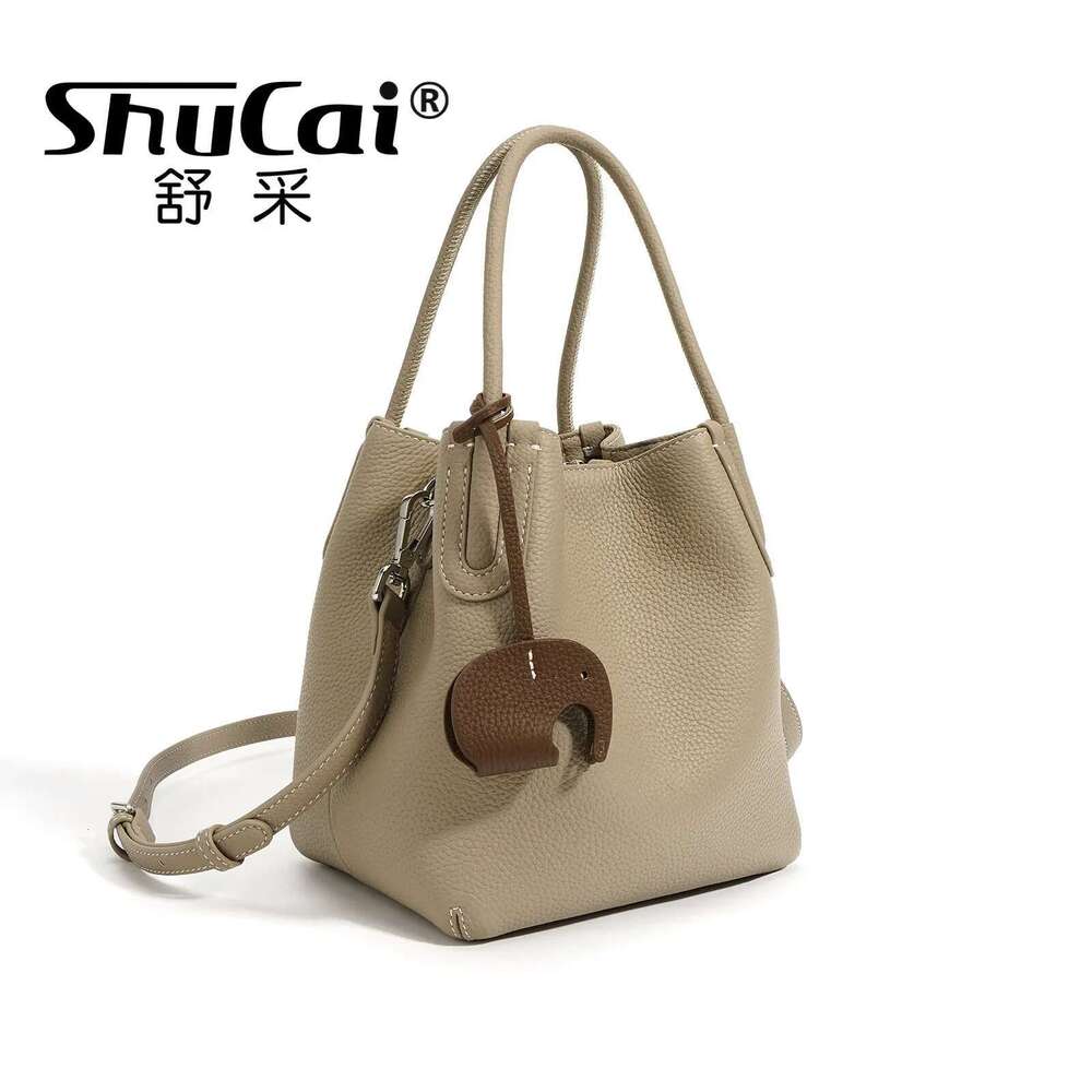 Head Layer Cowhide Vegetable Basket Genuine Leather Cell Phone Crossbody Commuter Shoulder Bucket Bag