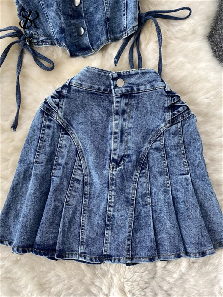 SINGREINY Vintage Denim Sets Women Off Shoulder Straps Mini TopPleated Short Skirt Fashion Summer Sexy Two Pieces Suits 250515