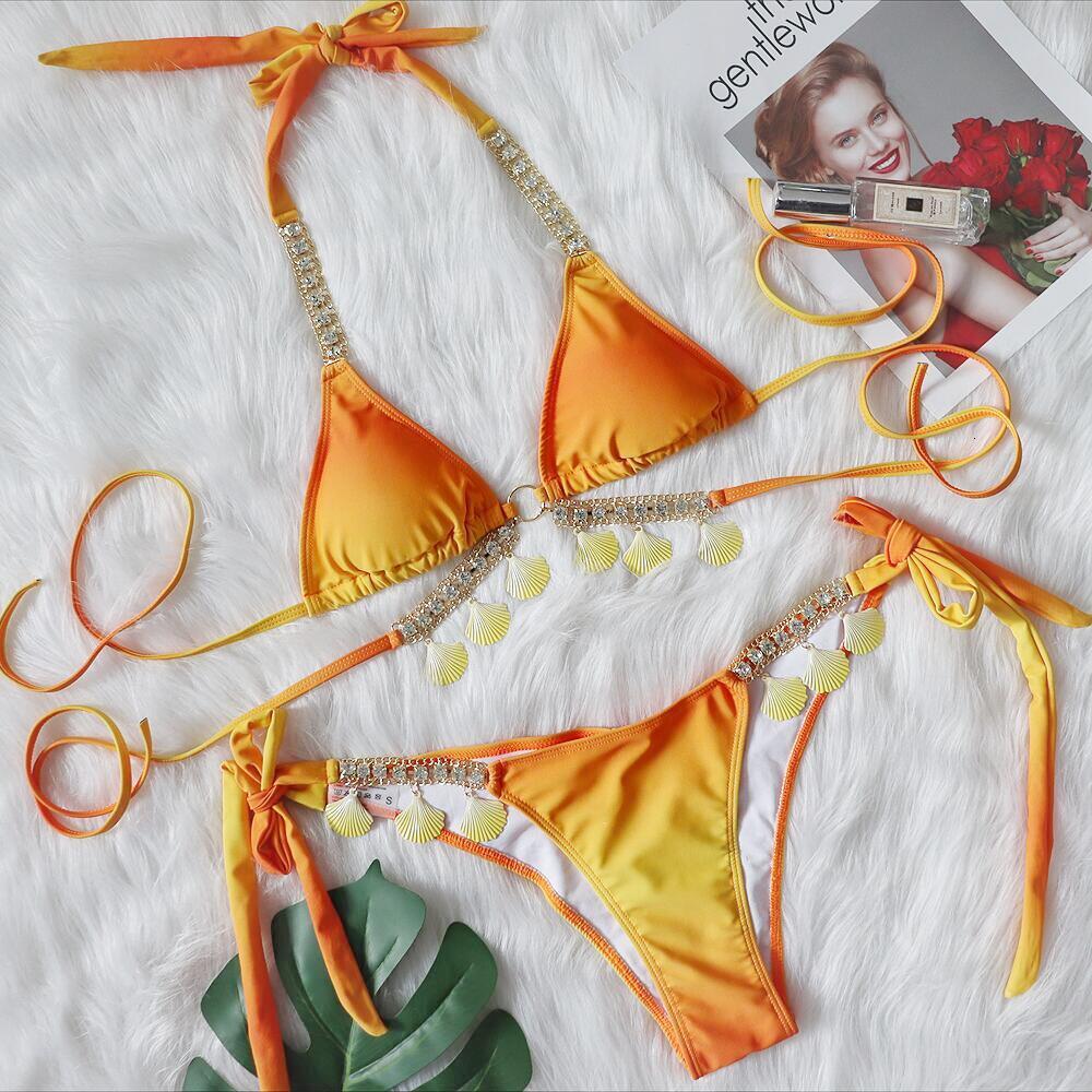 2025 Designer's New Sexy Camisole Bikini Gradient Print Split Style Women's Swimsuit Luxurious Crystal Shell Decoration Fashionable Beachwea
