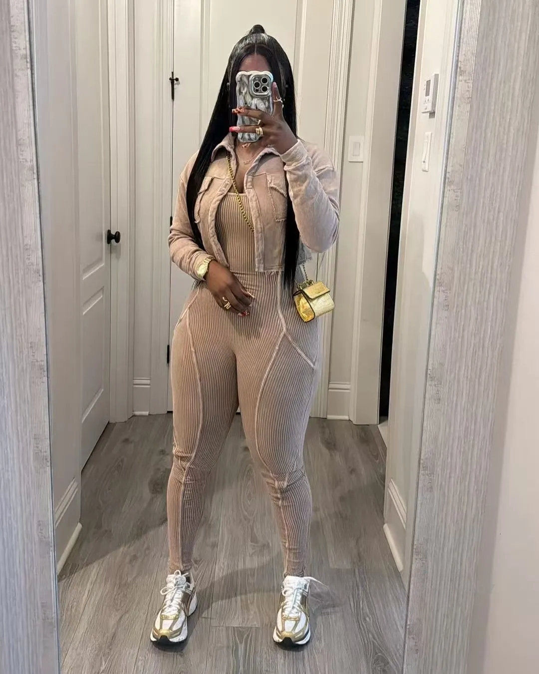 Fashion Two Piece Set Women Sexy Tights Jumpsuit Sets Full Sleeve Bomber Coat Vintage Casual Fitness Tracksuit