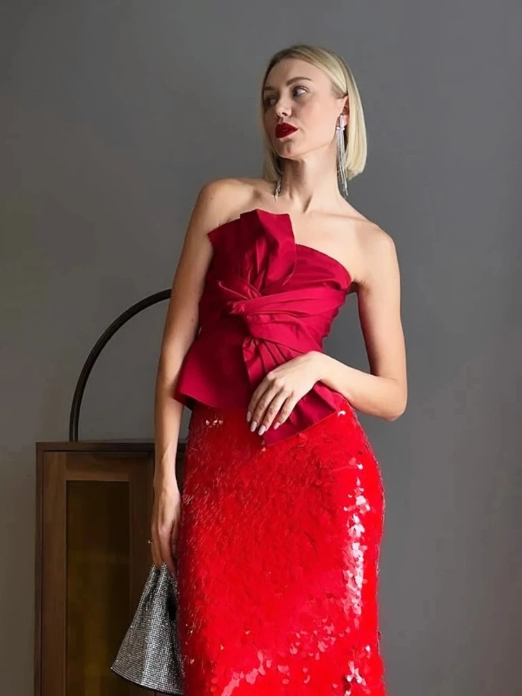 ZBZA womens red strapless tube top French tailcoat fashionable bow slim fit Bandeau tight corset elegant party tank 250506