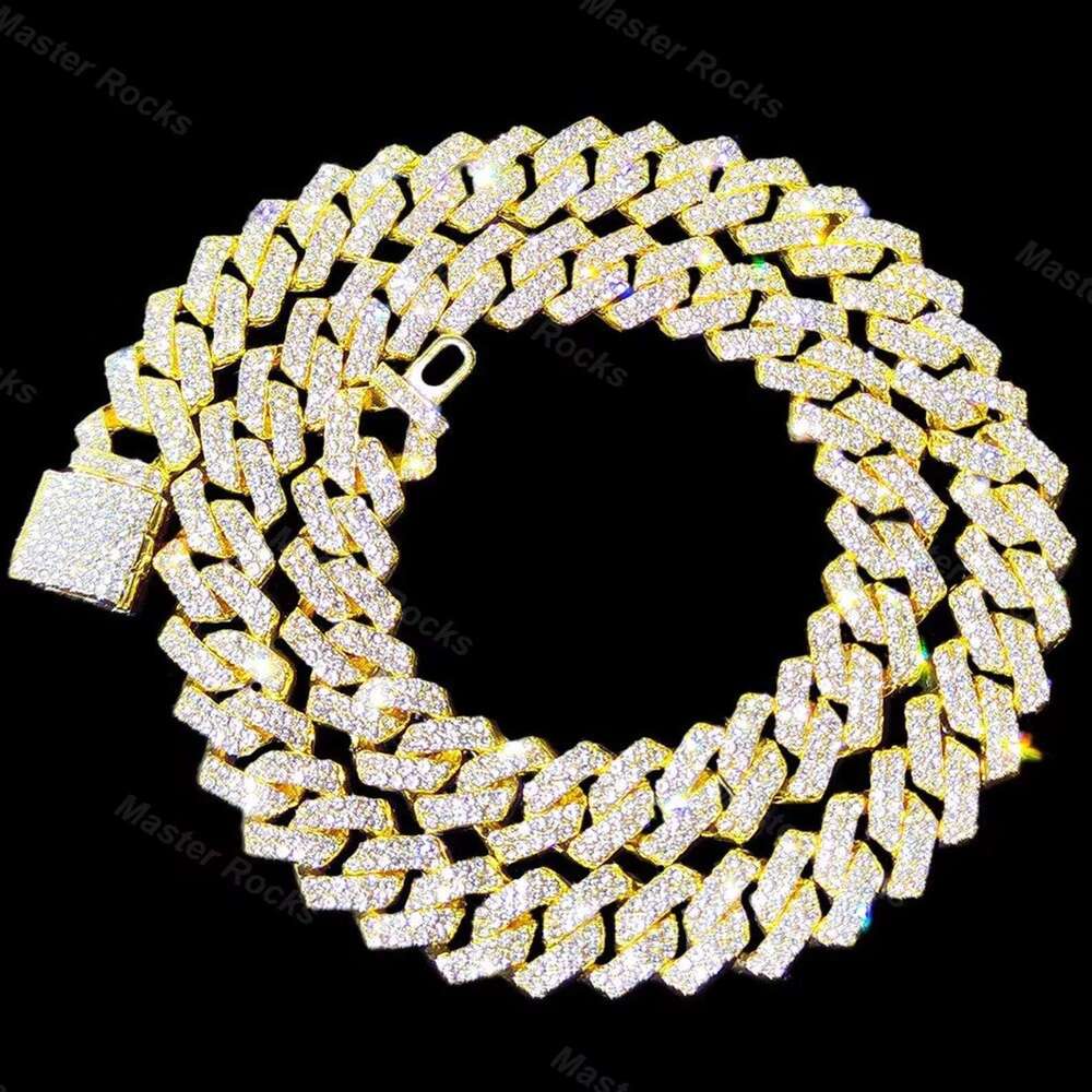 Vvs Moissanite necklace sier 10mm 12mm 14mm 2 rows gold-plated hip-hop Cuban chain