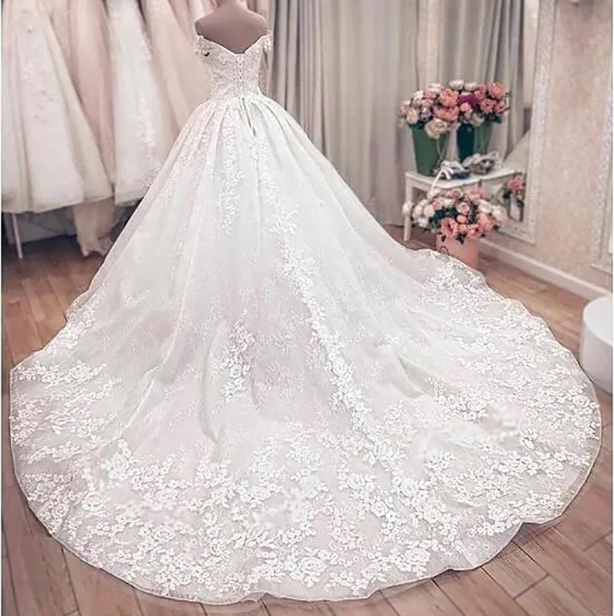 Dubai Arabic Lace Ball Gown Wedding Dresses Luxury Off The Shoulder Beads Appliques Wedding Dress Bridal Gowns With Lace Up Back