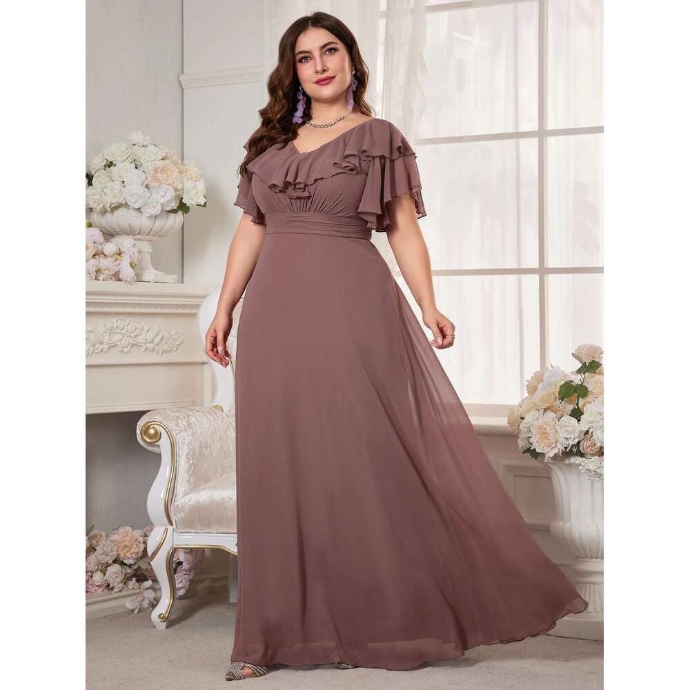 Unithorse Plus Size Women's Bust Ruched Tierred Short Sleeve Elegant Chiffon Dress