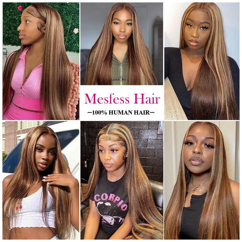 200 Density P4/27 Highlight Full Preplucked Colored Straight Frontal Wig 36Inch HD Transparent Lace Human Hair Wigs