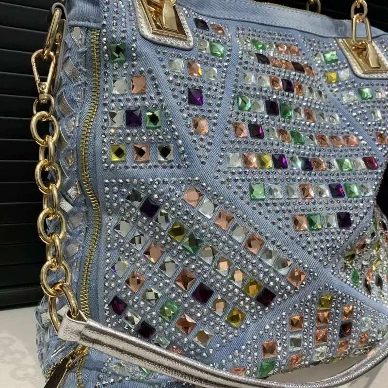 Women's Fashion Denim Braided Tote Bag Large Capacity Dia Shoulder Handbag