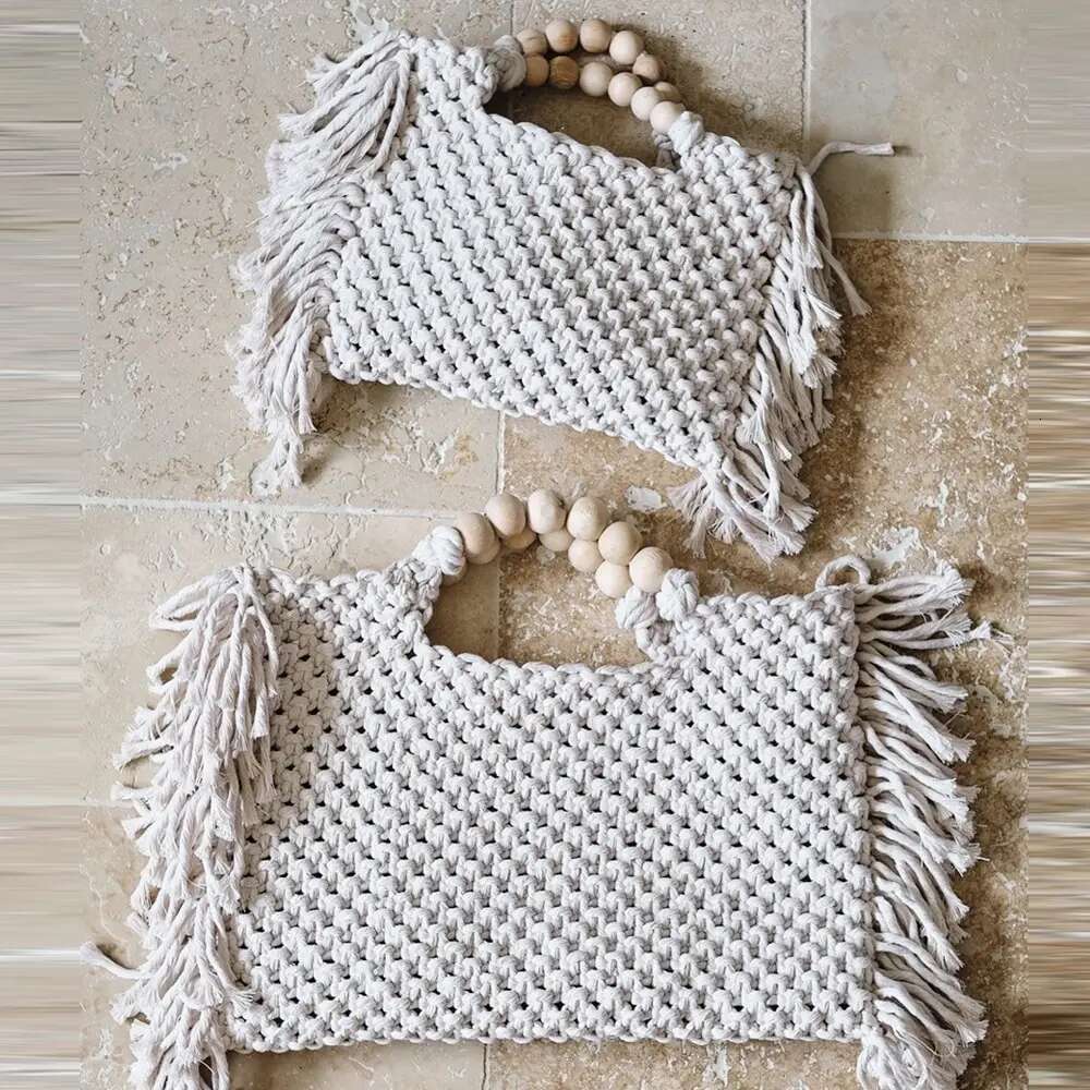 Female Tote Bags Large Capacity Designer Handbag For Women Knitting Tassel Beading Decorate Purse Ladies Beach Bag