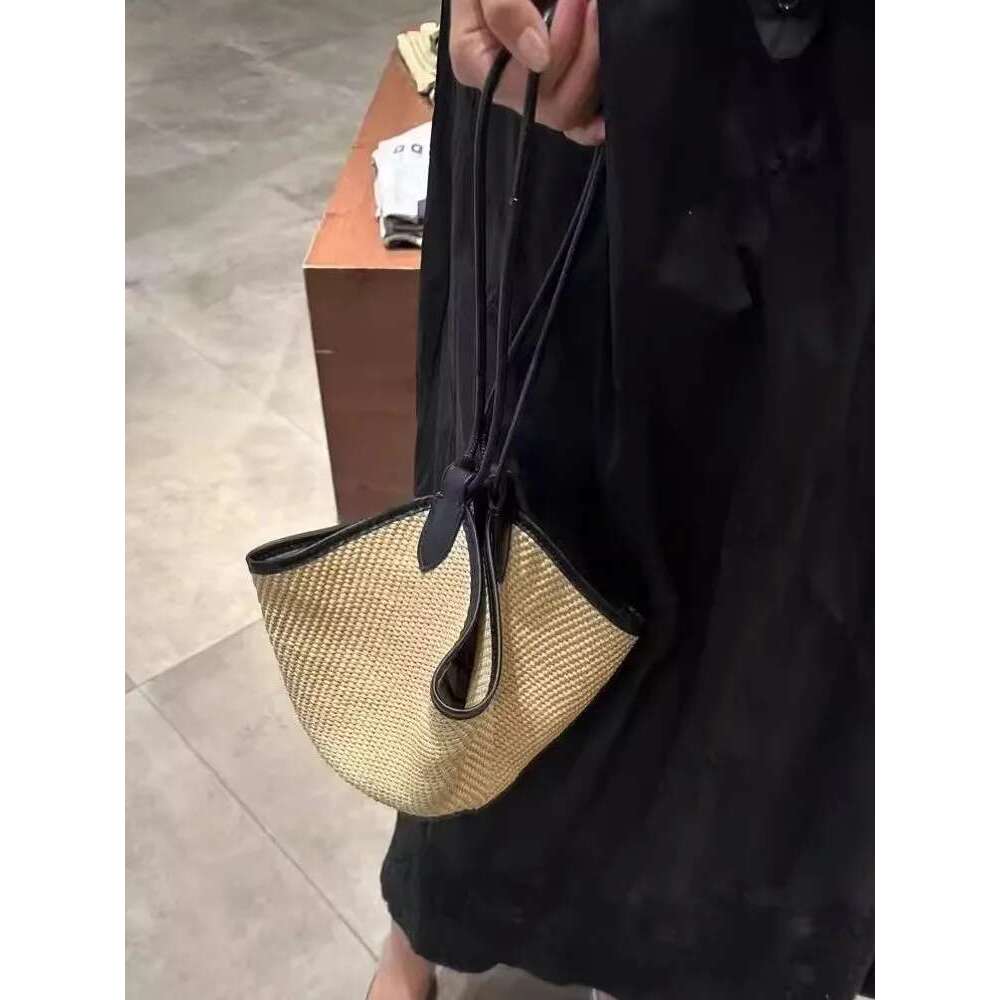 Designer Women Holiday Straw Vintage Summer Bucket Shoulder Bags Cow Leather Spliced Beach Bag Casual Totes Handbag