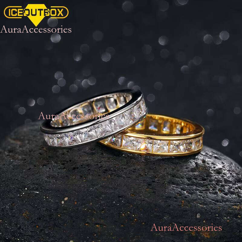 Hiphop Dainty Jewelry White Gold Plated Brass Iced Out Baguette 1 Rows Cz Tennis Chain Bling Cubic Zircon Sliver Rings