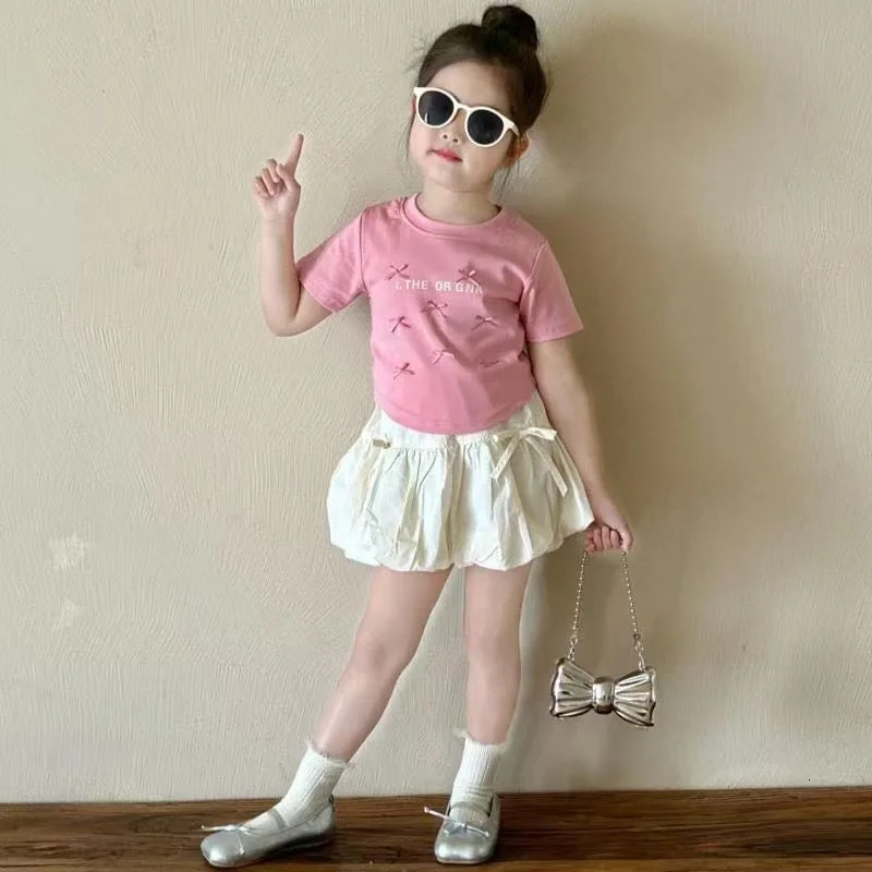 2-8Y Baby Girls Short Shirt Skirt Set Korean Sweet Ballet Style Princess Bow Top Short Sleeved Flower Bud Skirt Baby Dress Sets 250515