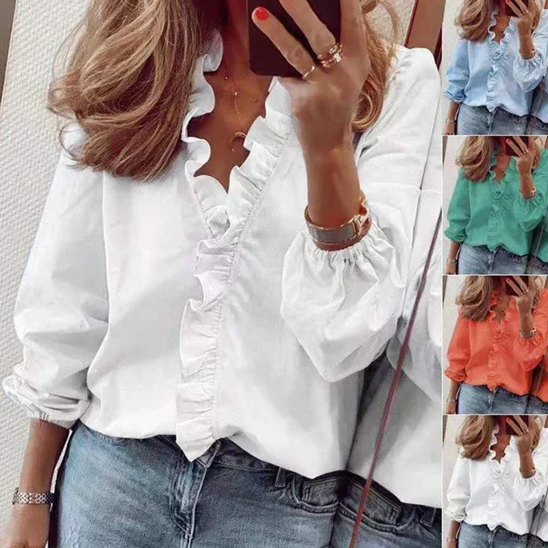 Vintage Ruffles Women Blouses Autumn Long Sleeve Office Lady Elegant Tops Cotton Casual Vneck Shirt Clothing 250515