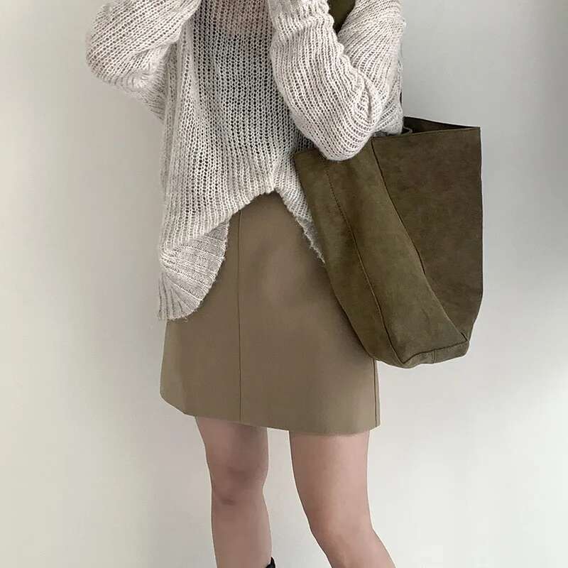 Women's Faux Suede Solid Color Versatile Handbag Large Capacity Fashion Casual Scrub Leather Shoulder Bag Minimalism Basket Tote