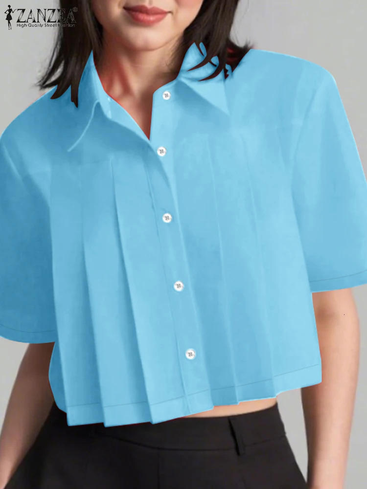 Summer Office Pleated Shirts ZANZEA Fashion Women Lapel Neck Short Sleeve Work OL Blouse Stylish Solid Cropped Tunic Tops 250515