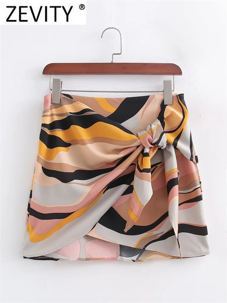 Zevity Women Fashion Color Matching Graffiti Print Bow Ted Wrapped Mini Skirt Skirts Female Zipper Dresses QUN7301 250515
