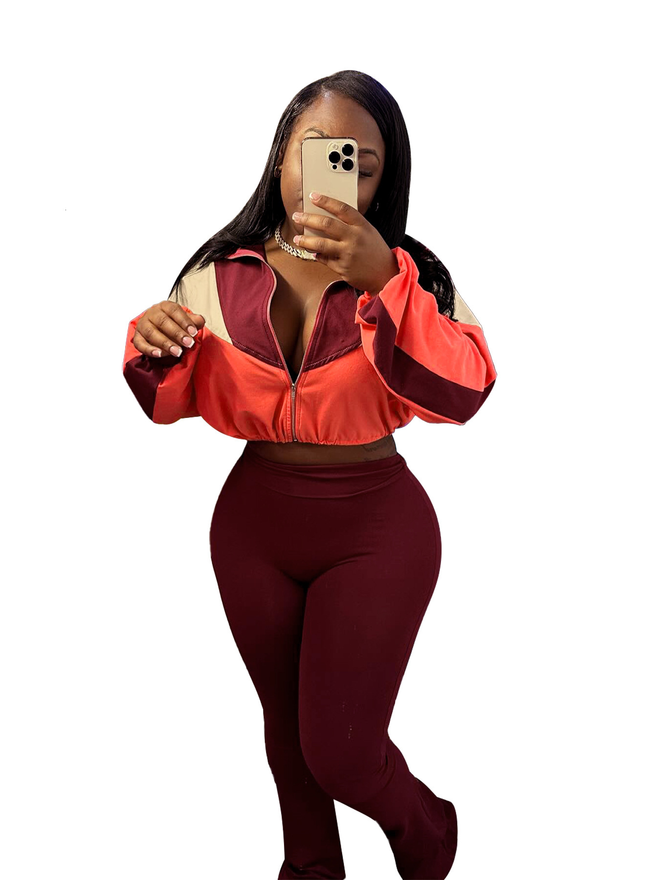 HR24060 Sports and casual womens two-piece set with color blocking exposed navel high waist and micro horn