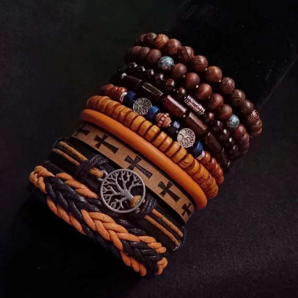 Khaki Tree 10 Pcs/Set Black Wrap Woven Fashion Handmade Male Women Leather Bracelets Men Bangle Wholesale Jewelry