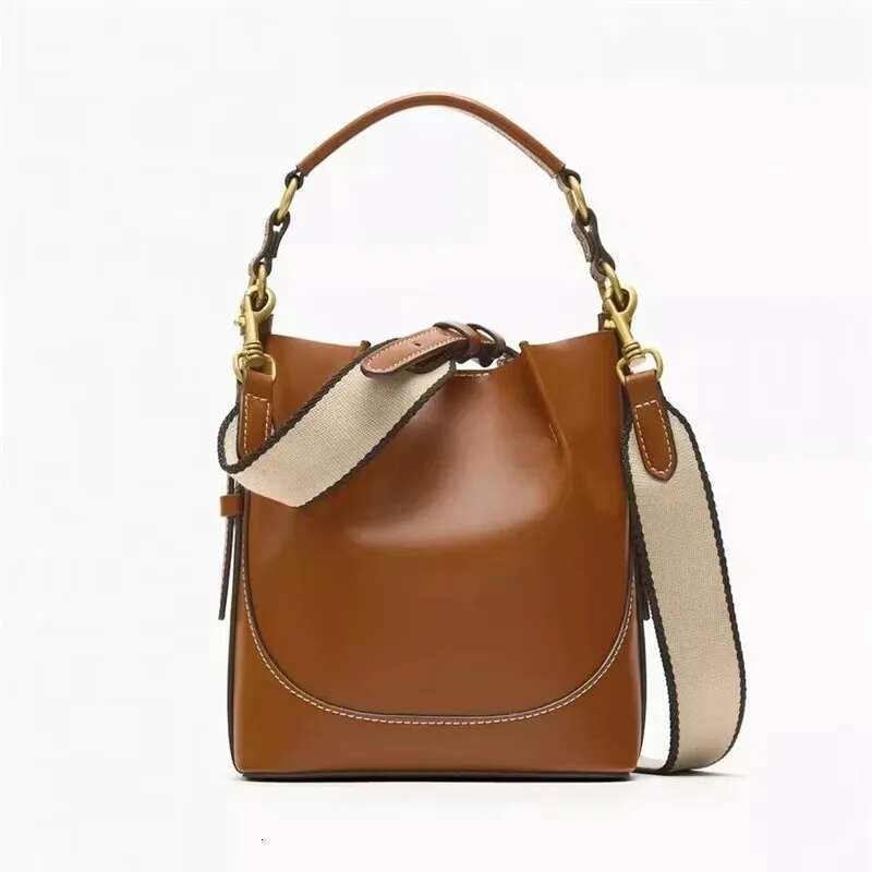 2024 Fashion New Women's Brown Korean Style Portable Crossbody Wide Drawstring Bucket Bag