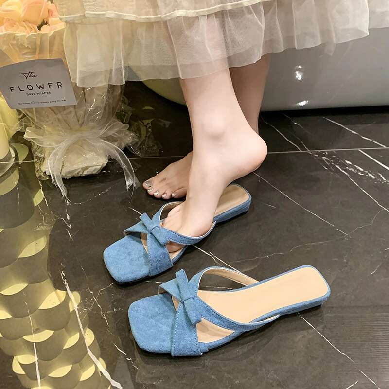 2025 Summer Thick Low Heel Women Slippers Casual Butterfly-knot Square Toe Slides Ladies Dress Street Style Sandalias