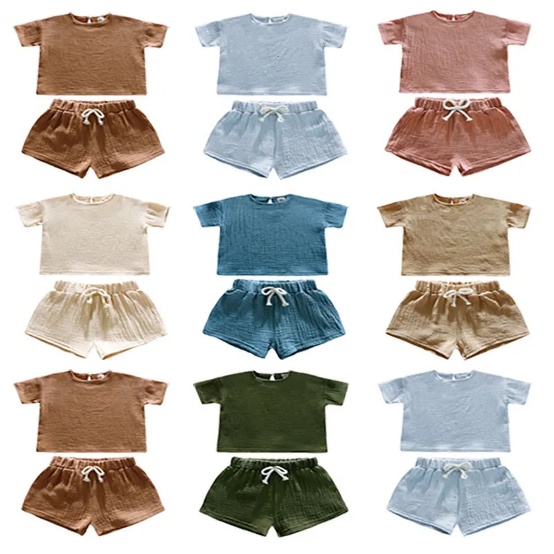 Summer 100% Cotton Kids Boys Girls Clothes Set Loose Casual Short Sleeve TopShorts Baby Outfits for Children Clothes Suits 250515