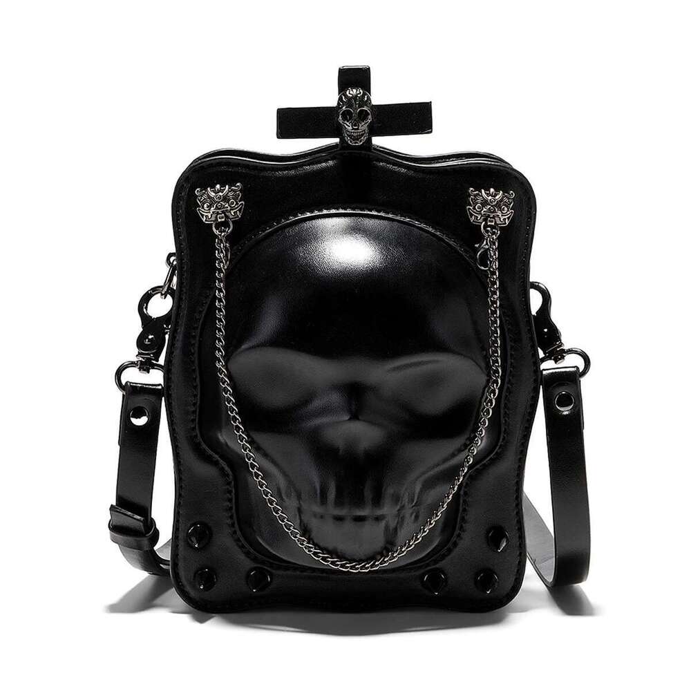 Halloween Theme Punk Rivet Skull Shape Shoulder Bag, PU Leather Skeleton Flap With Zipper Closure Dark Gothic Crossbody Bag