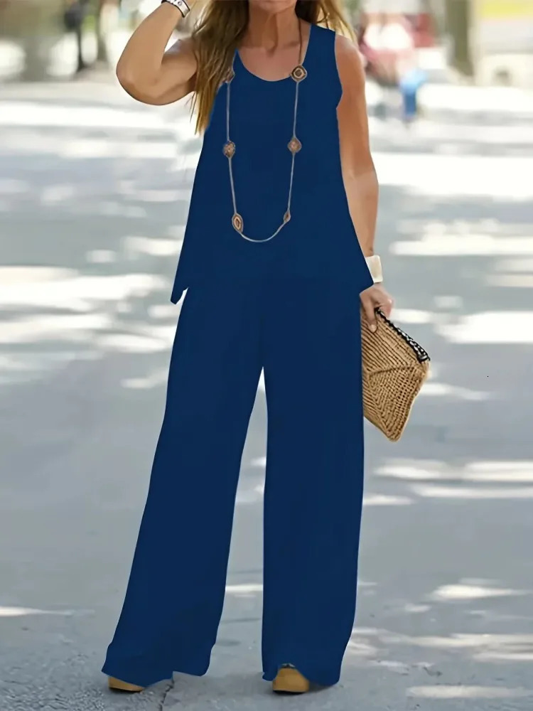 Plus Size 1XL-5XL Womens Casual Outfits Two Piece Set Solid Round Neck Tank Top Wide Leg Pants Outfits 2 Piece Set 250514