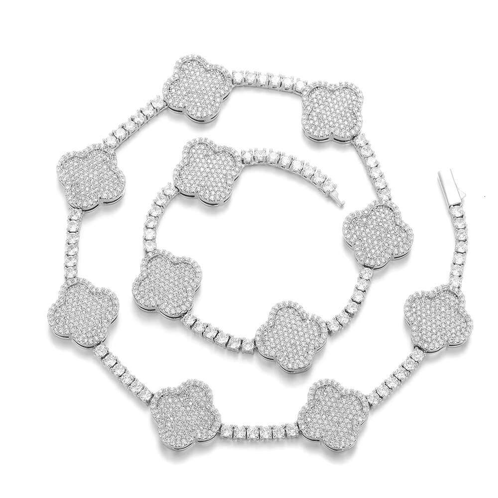 Hip Hop Clover Tennis Chain S925 Silver Moissanite Men Versatile Necklace Versatile