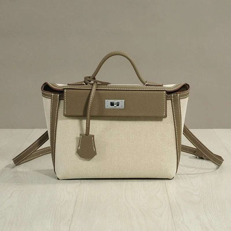 Vintage Classic High-End Feel Canva Cow Leather Flip-Open Molded Lock Buckle Color Blocking Small Square Crossbody Bag