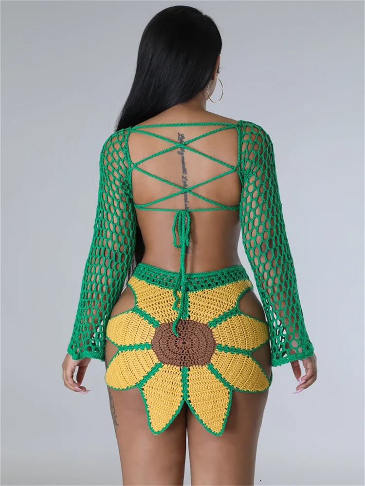 Weird Puss 2 Piece Sets Women Outfit Crochet Sunflower Backless Hollow TopsSkinny Skirt Beach Party Summer Trend Matching Suits 250515